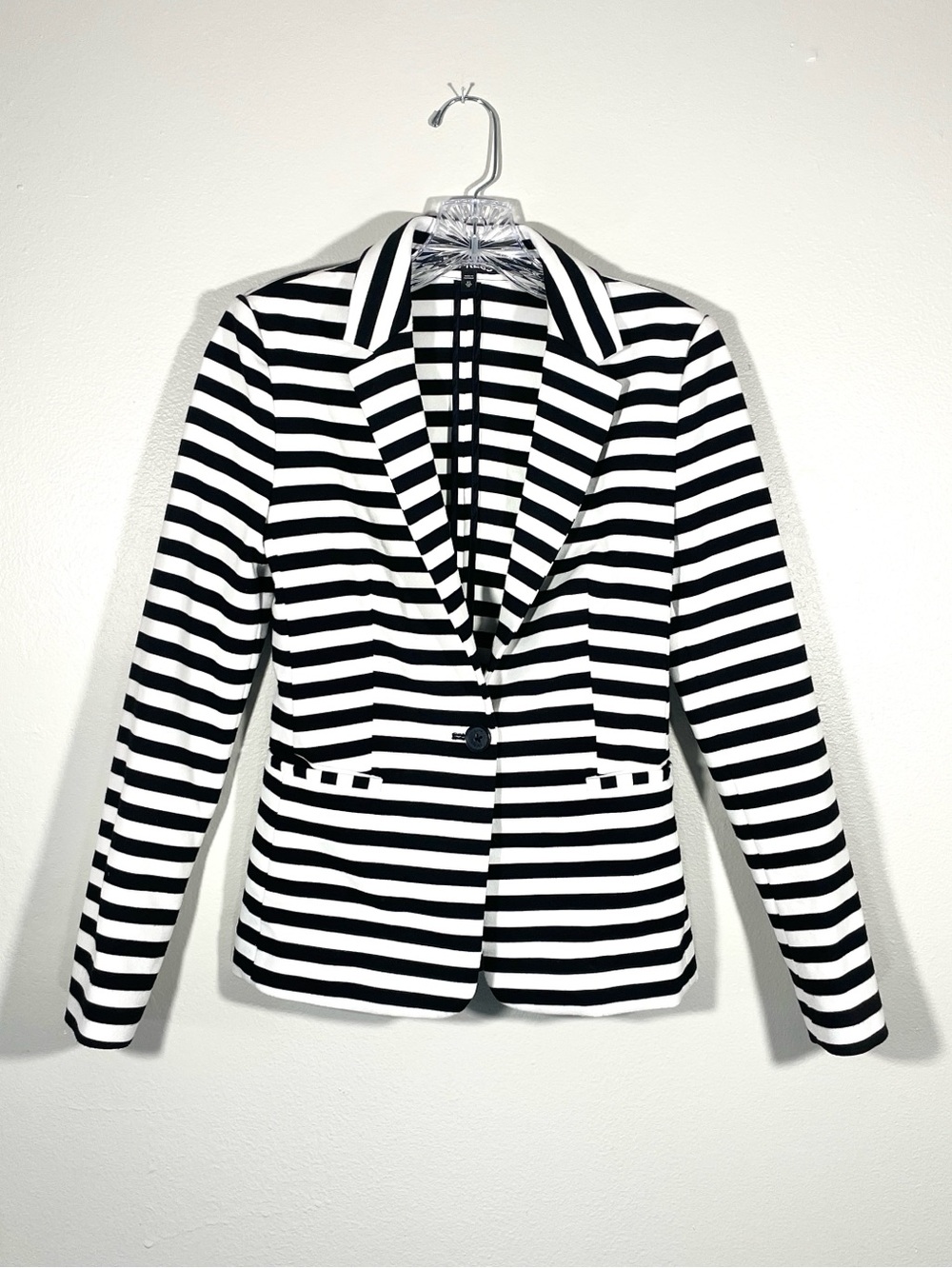 Express XS Black White Striped Knit Blazer One Button Stretch Career Jacket